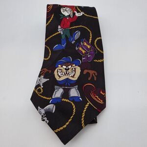 1992 Loony Tunes Black Western Neck Tie Bugs, Taz, Daffy, Whiley 58"Long 4"wide